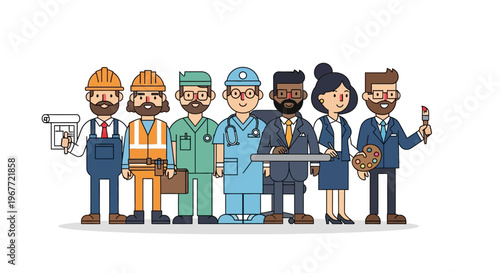 Diverse group of professionals in a line showcasing various career paths and occupations