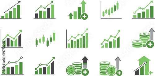 Financial Growth and Investment Icon Set with Charts, Profit Increase, Revenue Analytics and Business Success Elements Flat Vector Collection