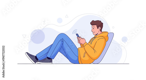Young man relaxing on couch using smartphone, modern flat illustration style