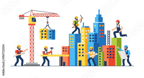 Construction workers building a city skyline with cranes and skyscrapers, representing urban development and industry