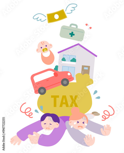 共倒れする共働き夫婦のイメージ　増税と物価高で疲弊する家計