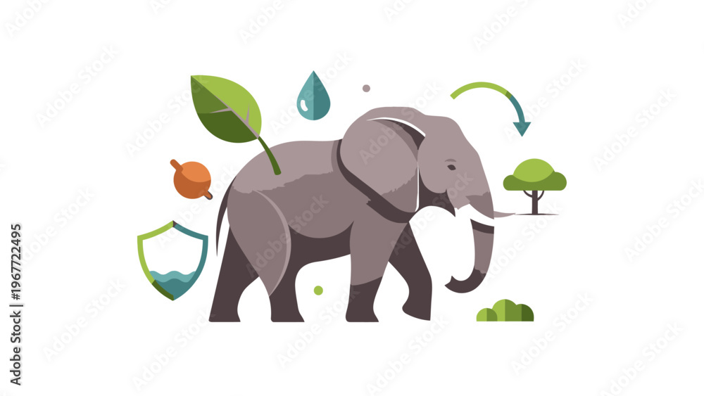 Fototapeta premium Flat illustration of an elephant surrounded by eco-friendly icons like leaves, water droplets, and trees on a clean white background.