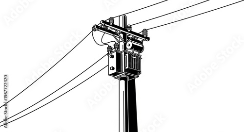 Detailed Line Art of a Power Pole and Electrical Wires.