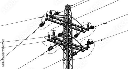 Detailed illustration of a high-voltage power transmission tower.
