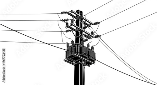 Detailed illustration of a power pole with transformers and lines.