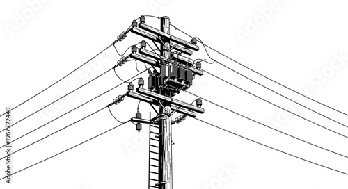 Detailed Illustration of a Utility Pole with Electrical Wires.