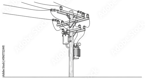Detailed Line Art of a Utility Pole with Power Lines.