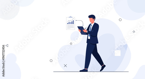 Businessman analyzing financial chart on tablet while walking, business concept