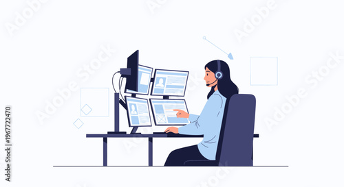 Call center operator with headset working on multiple computer screens at desk