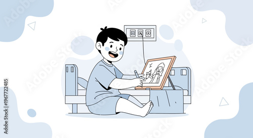 Child drawing in hospital bed, recovering and creative, feeling happy
