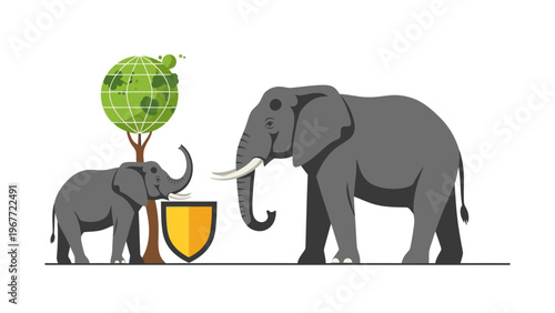 Illustration of two elephants standing beside a tree with a globe on top and a shield at the base, conveying eco-friendly protection.