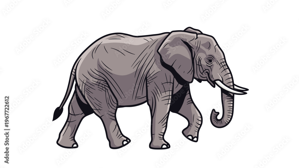 Fototapeta premium Illustration of a gray elephant walking to the right with a curled trunk on a white background.