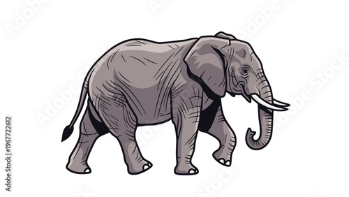 Illustration of a gray elephant walking to the right with a curled trunk on a white background.
