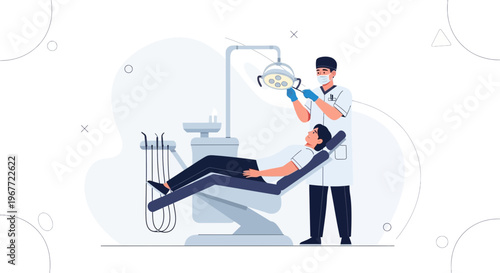 Dentist examining patient in chair with dental equipment and light