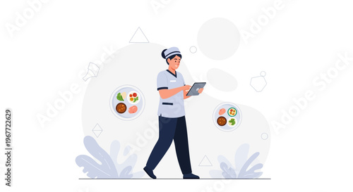 Dietitian with tablet reviewing healthy food plates, illustration