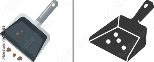 Minimalist vector icons of dustpans in use. Features a grey shaded version with a round handle and a solid black silhouette version, both shown collecting debris for cleaning and maintenance.