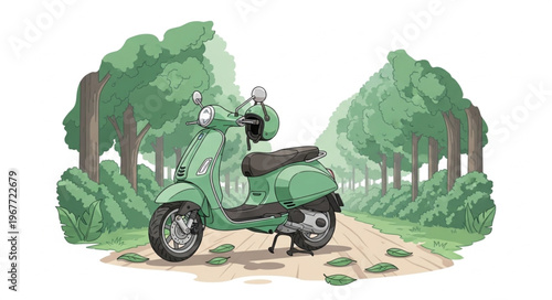 Green Scooter Amidst Natures Embrace - A Serene Journey.