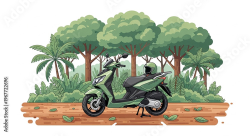 Green scooter amidst lush foliage, evoking eco-friendly travel and nature.