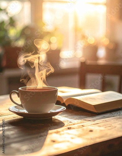 Steaming coffee cup and open book on a rustic wooden table with warm morning light.