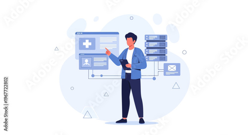 Doctor Analyzing Medical Data on Digital Interface with Servers