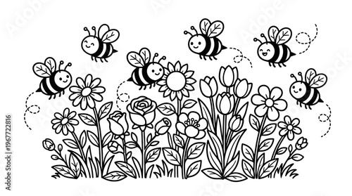 Black and white illustration of bees.