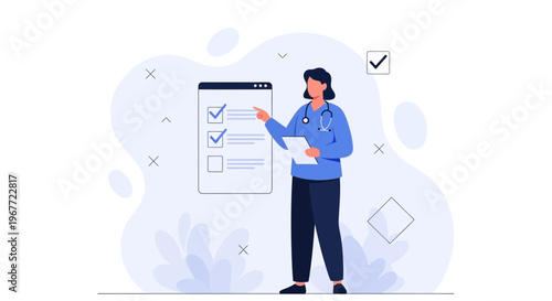 Doctor checking checklist on clipboard, medical concept, healthcare, illustration