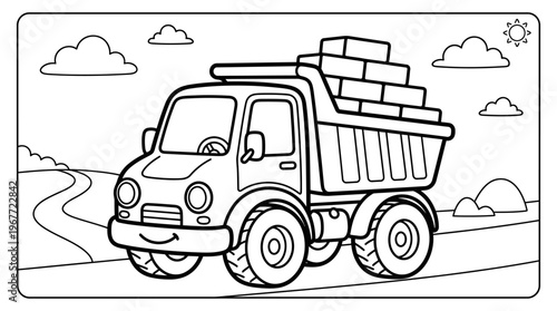 A large truck carrying bricks slowly.