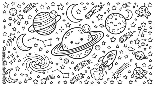 Coloring book page with planets and space.