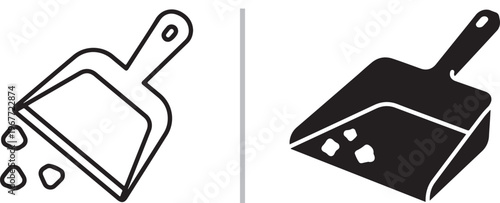 Minimalist vector icons of dustpans collecting debris. Featuring a black outline version and a solid silhouette version, these icons represent cleaning, tidying, and maintenance tasks.