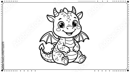Cute little dragon sitting down smiling.