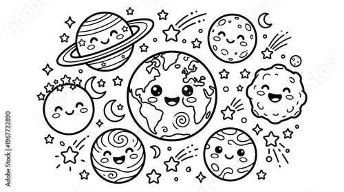 Smiling cartoon planets and celestial bodies.