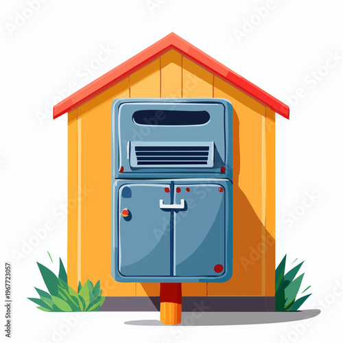 Colorful cartoon illustration of outdoor refrigerator in shed