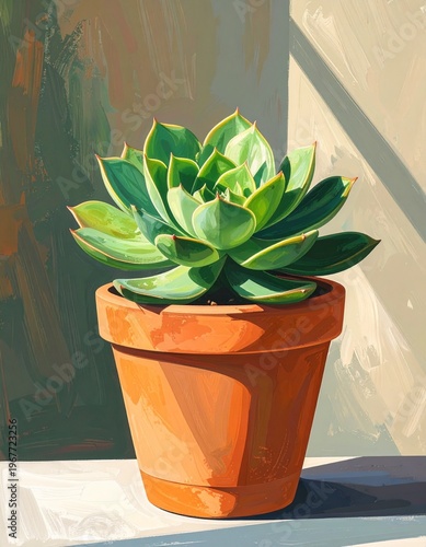 Vibrant Echeveria Succulent in Terracotta Pot Bathed in Sunlight.