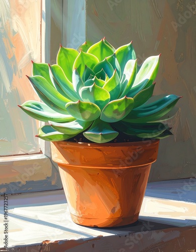 Vibrant Green Echeveria Succulent Plant in Terracotta Pot Bathed in Sunlight.