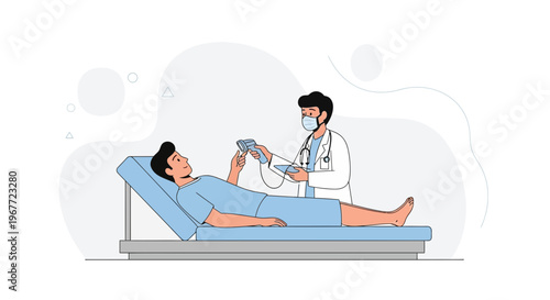 Doctor examines patient with ultrasound device in clinic, medical checkup illustration
