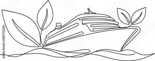 Eco Friendly Cruise Ship Line Art Illustration with Leaves and Ocean Waves Sustainable Maritime Transport Concept Vector Design