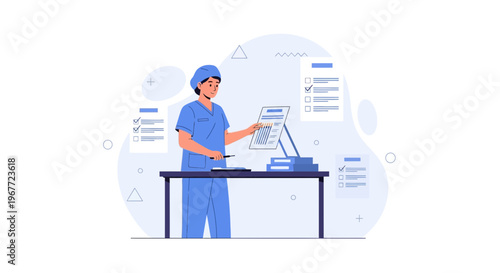 Doctor reviewing medical chart and checklist, healthcare workflow, administrative tasks