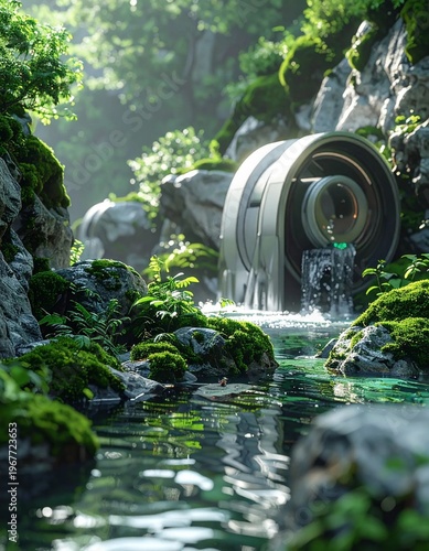 Waterwheel in a Lush Green Forest Stream with Mossy Rocks and Sunlight.