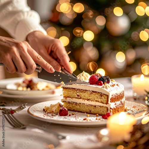 Woman cutting a festive Christmas cake with berries and cream, surrounded by blurred holiday lights.