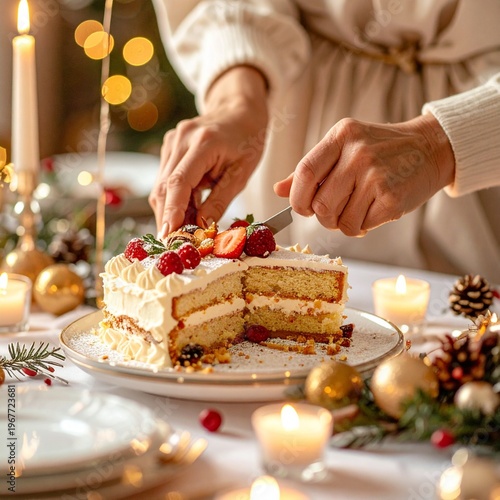 Woman cutting festive Christmas cake with berries and cream on a decorated table.