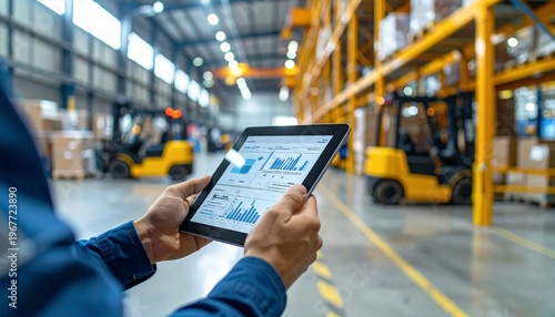 Worker using tablet to manage inventory in a modern warehouse.