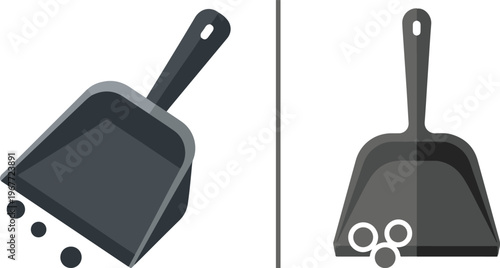 Professional vector icon set featuring two dark grey dustpans. One is shown at an isometric angle with debris, while the other is a flat, front-facing version with circular particles.