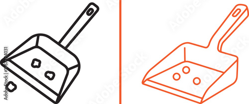 Minimalist vector illustration set featuring a black line art dustpan with debris and an orange isometric outline version. Ideal for cleaning, maintenance, and household service concepts.