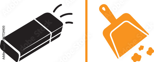 Minimalist vector icons illustrating cleanup: a black 3D eraser with motion lines and an orange dustpan collecting debris. Perfect for themes of editing, correcting, and tidying up.