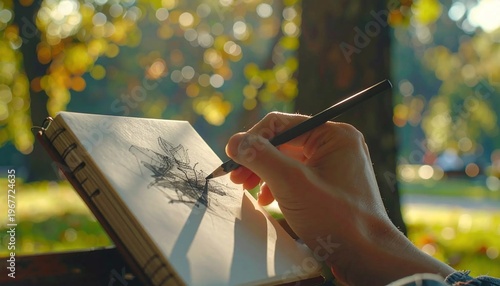Artists Hand Sketching Outdoors in a Park on a Sunny Day.