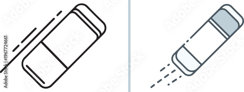 Minimalist vector icon set featuring a clean line art eraser and a blue-tinted isometric version with motion trails. Perfect for concepts like digital editing, correction, and removal.