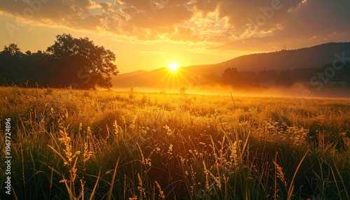 Golden sunrise illuminates a misty meadow with tall grass, trees, and distant hills