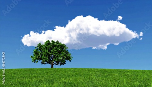A solitary tree under a large cloud against a bright blue sky, on vibrant green grass