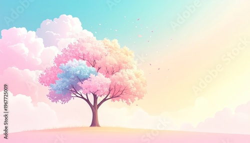 Pastel-colored tree blossoming with vibrant pinks, blues, and a serene sky