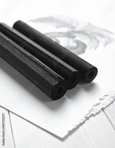Charcoal pencils and drawing on paper, close-up of art supplies and sketch.